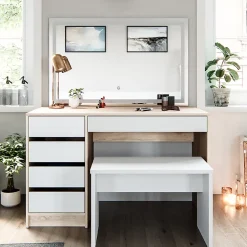 Vicco Coiffeuse Blanc/Sonoma 120cm avec miroir LED et tabouret