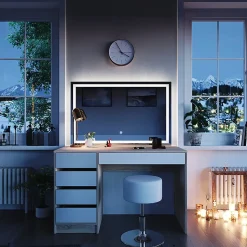 Vicco Coiffeuse Blanc/Sonoma 55cm avec miroir LED et tabouret