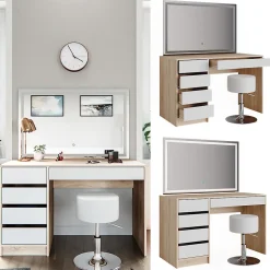 Vicco Coiffeuse Blanc/Sonoma 55cm avec miroir LED et tabouret