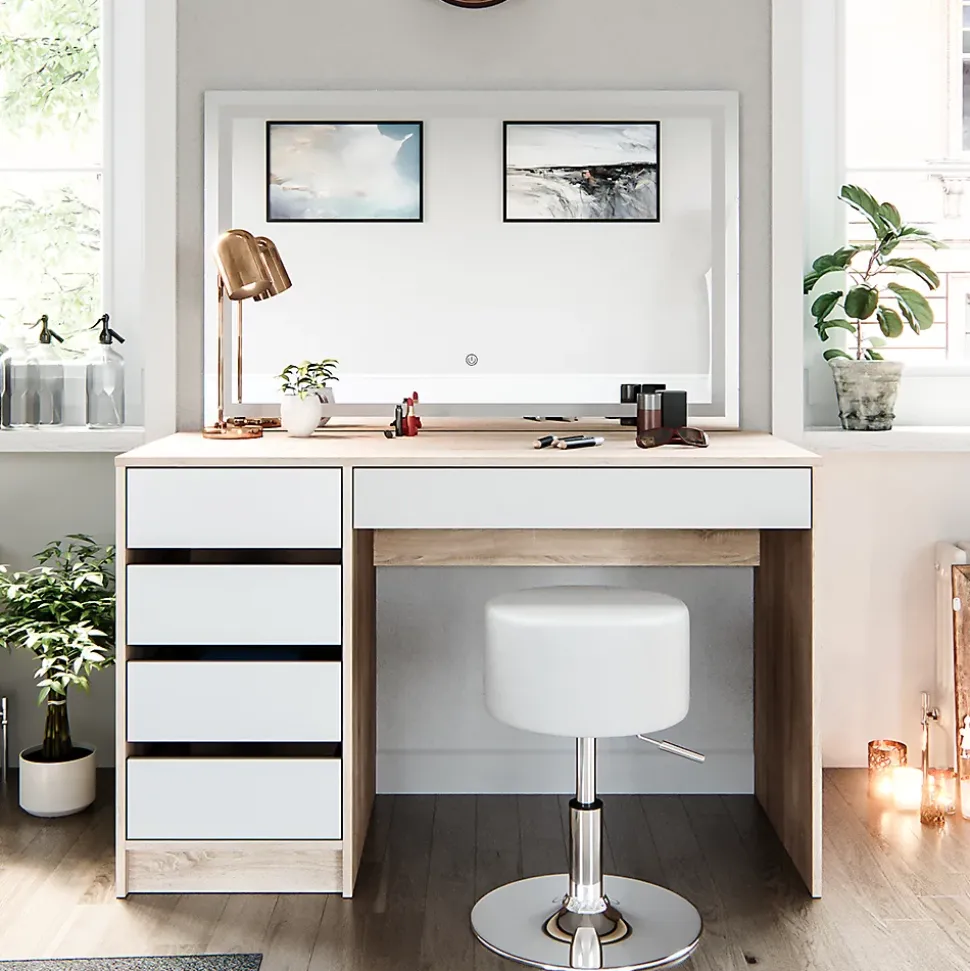 Vicco Coiffeuse Blanc/Sonoma 55cm avec miroir LED et tabouret