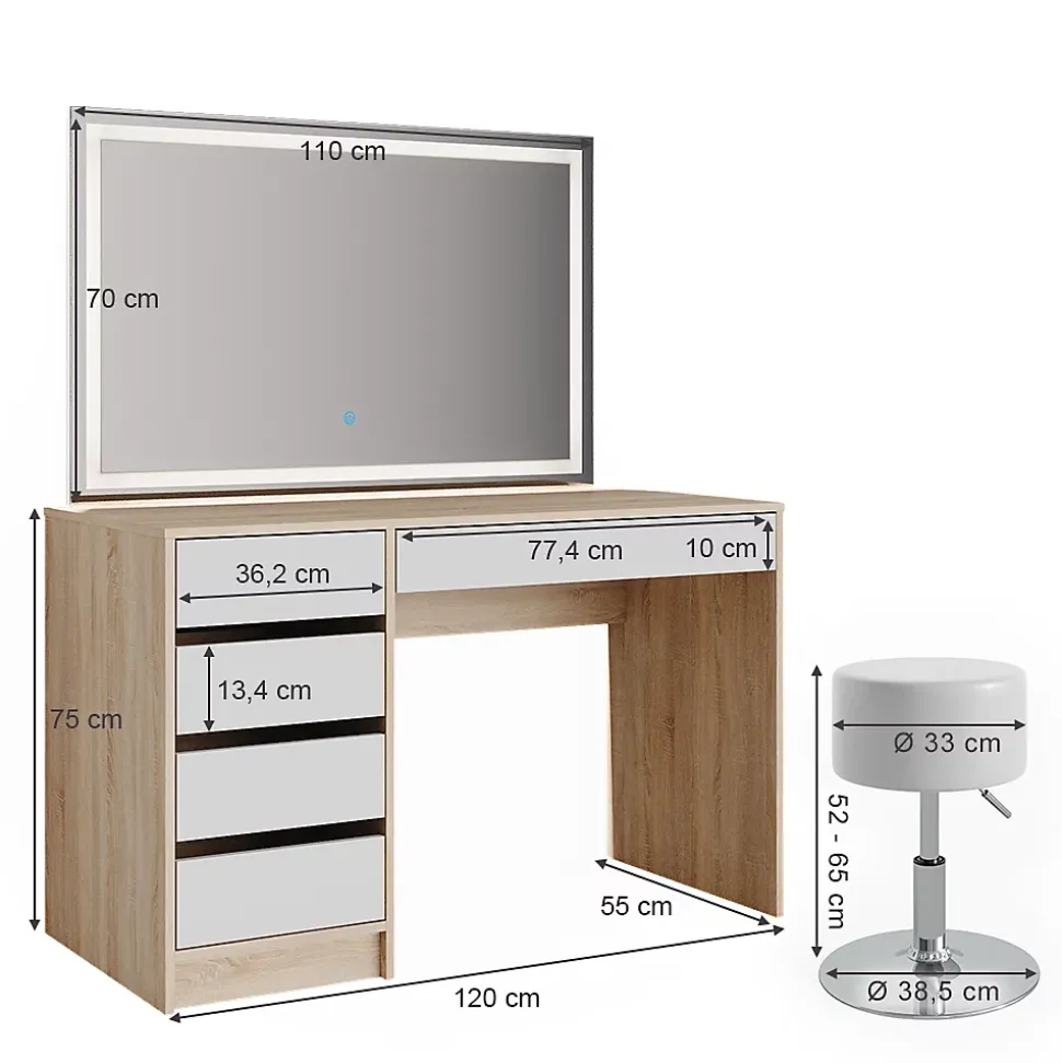 Vicco Coiffeuse Blanc/Sonoma 55cm avec miroir LED et tabouret