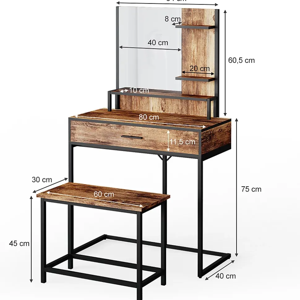 Vicco Coiffeuse Bois antique 80cm avec chaise