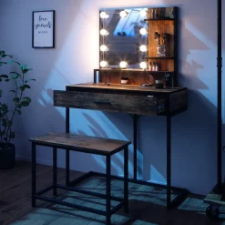 Vicco Coiffeuse Bois antique 80cm avec éclairage LED et chaise