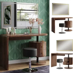Vicco Coiffeuse Chêne rustique 120cm avec miroir LED et tabouret