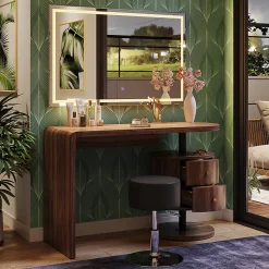 Vicco Coiffeuse Chêne rustique 120cm avec miroir LED et tabouret