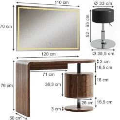 Vicco Coiffeuse Chêne rustique 120cm avec miroir LED et tabouret