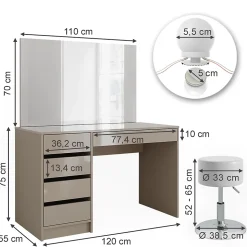 Vicco Coiffeuse Grège 55cm avec éclairage LED et tabouret