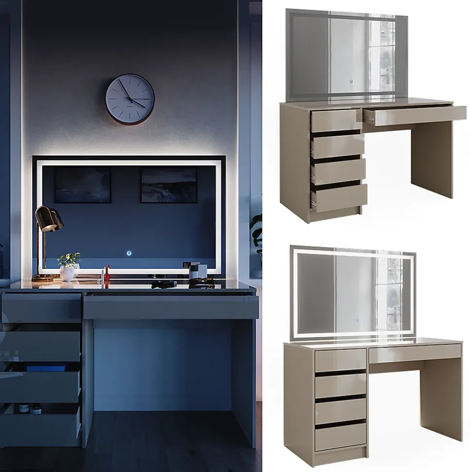 Vicco Coiffeuse Gris brillant 120cm avec miroir LED