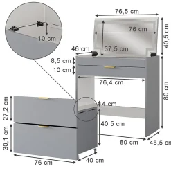 Vicco Coiffeuse Gris 80cm avec banc et miroir LED