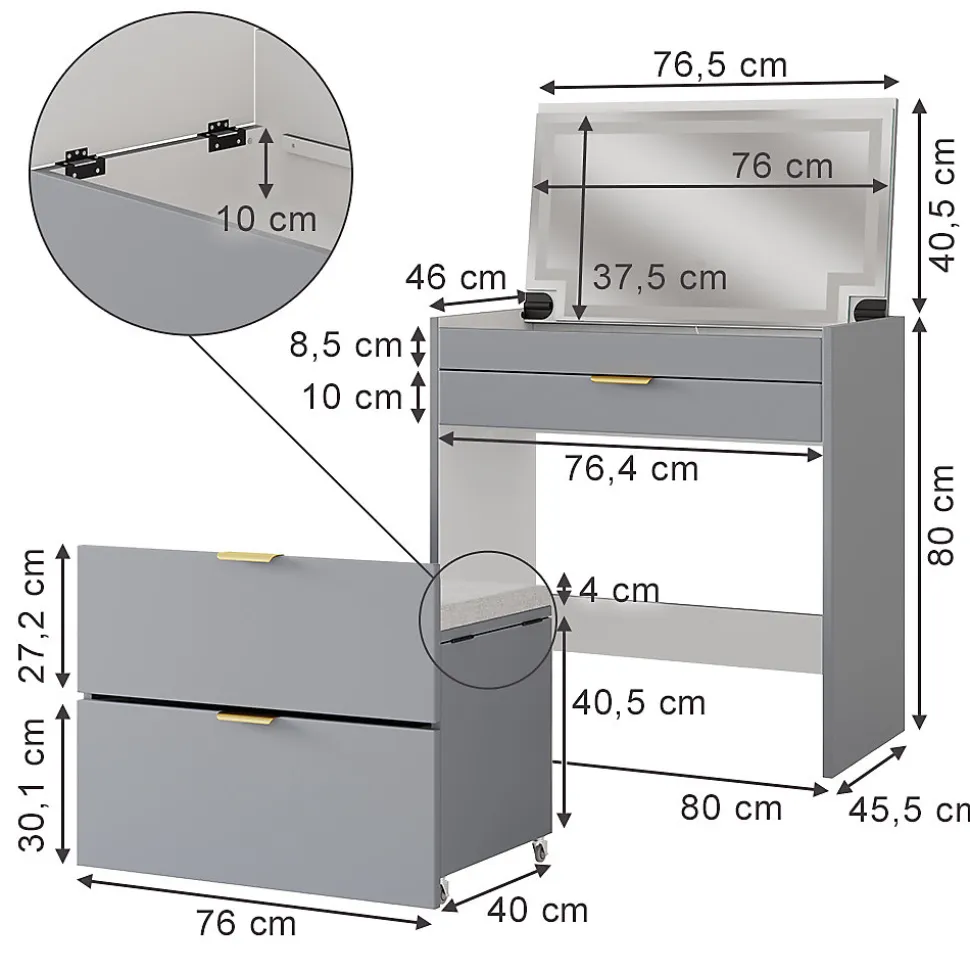 Vicco Coiffeuse Gris 80cm avec banc et miroir LED