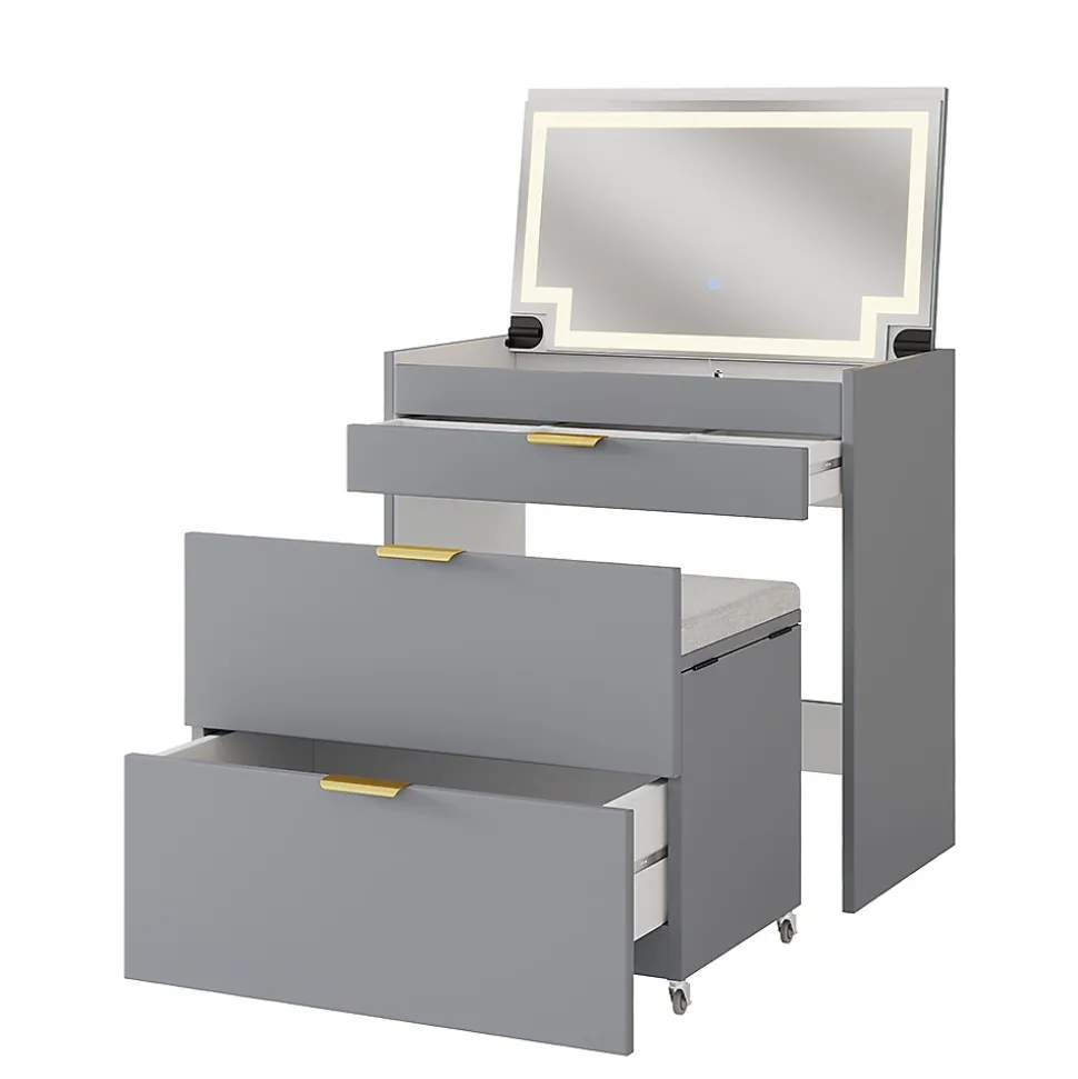 Vicco Coiffeuse Gris 80cm avec banc et miroir LED