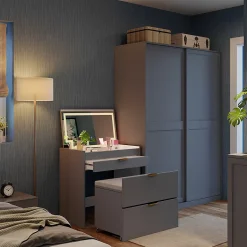Vicco Coiffeuse Gris 80cm avec banc et miroir LED