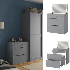 Vicco Coiffeuse Gris 80cm avec banc et miroir LED