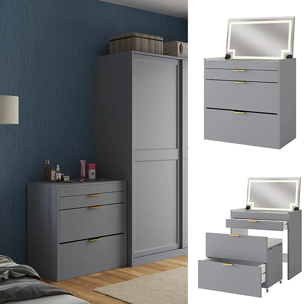 Vicco Coiffeuse Gris 80cm avec banc et miroir LED
