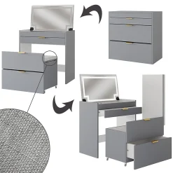 Vicco Coiffeuse Gris 80cm avec banc et miroir LED