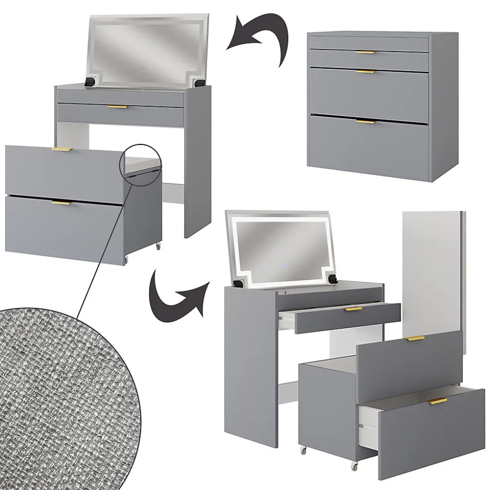 Vicco Coiffeuse Gris 80cm avec banc et miroir LED