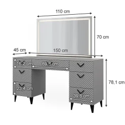 Vicco Coiffeuse Gris 150cm avec miroir LED