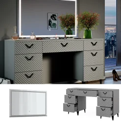 Vicco Coiffeuse Gris 150cm avec miroir LED