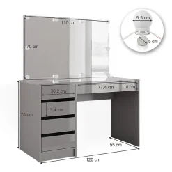 Vicco Coiffeuse Gris 55cm avec éclairage LED