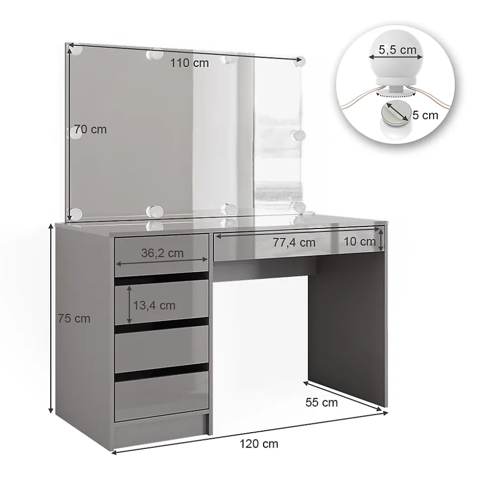 Vicco Coiffeuse Gris 55cm avec éclairage LED
