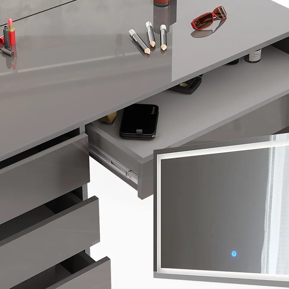 Vicco Coiffeuse Gris 55cm avec miroir LED et tabouret