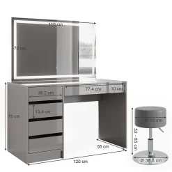 Vicco Coiffeuse Gris 55cm avec miroir LED et tabouret