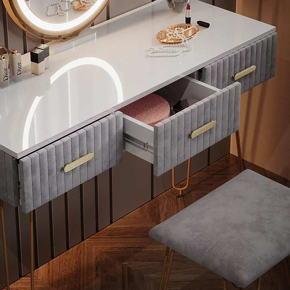 Vicco Coiffeuse Gris 100cm avec éclairage LED et tabouret