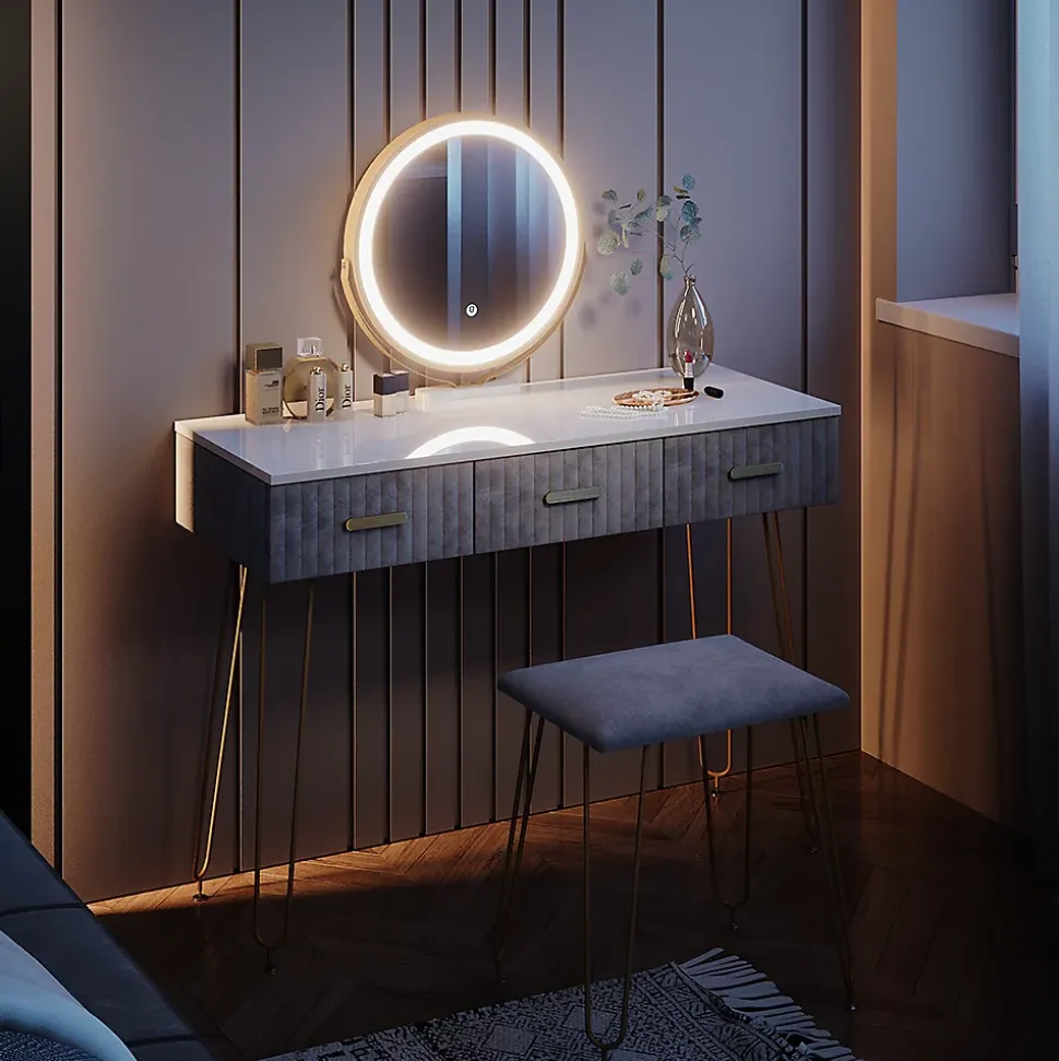 Vicco Coiffeuse Gris 100cm avec éclairage LED et tabouret