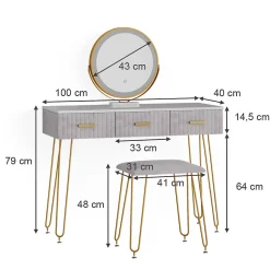 Vicco Coiffeuse Gris 100cm avec éclairage LED et tabouret