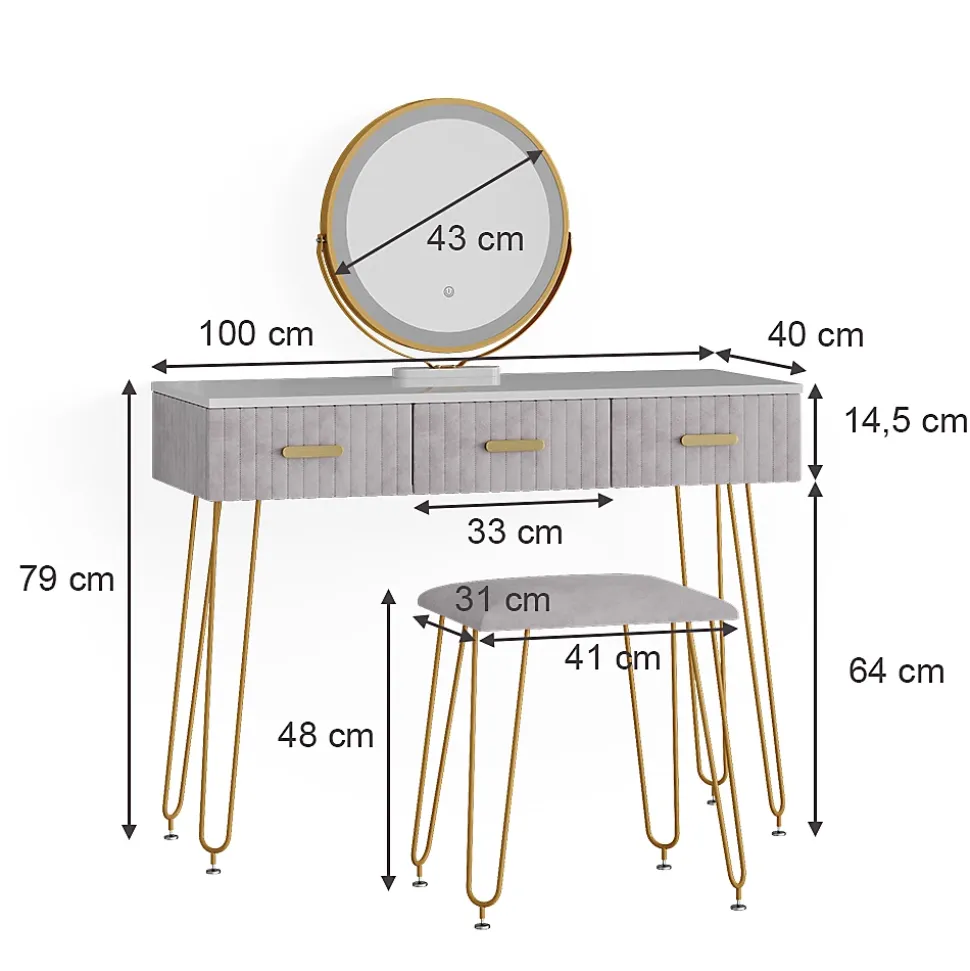 Vicco Coiffeuse Gris 100cm avec éclairage LED et tabouret