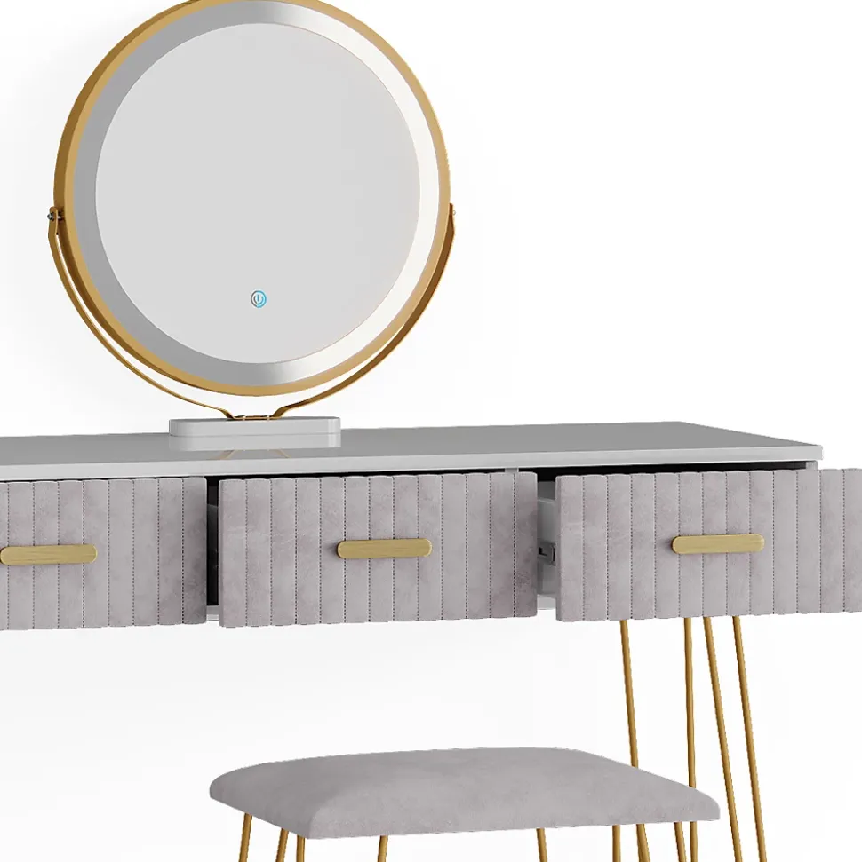 Vicco Coiffeuse Gris 100cm avec éclairage LED et tabouret