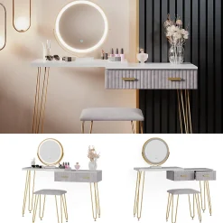 Vicco Coiffeuse Gris 120cm avec éclairage LED et tabouret