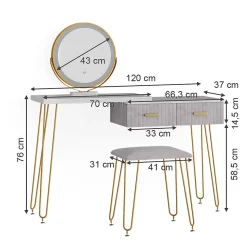Vicco Coiffeuse Gris 120cm avec éclairage LED et tabouret