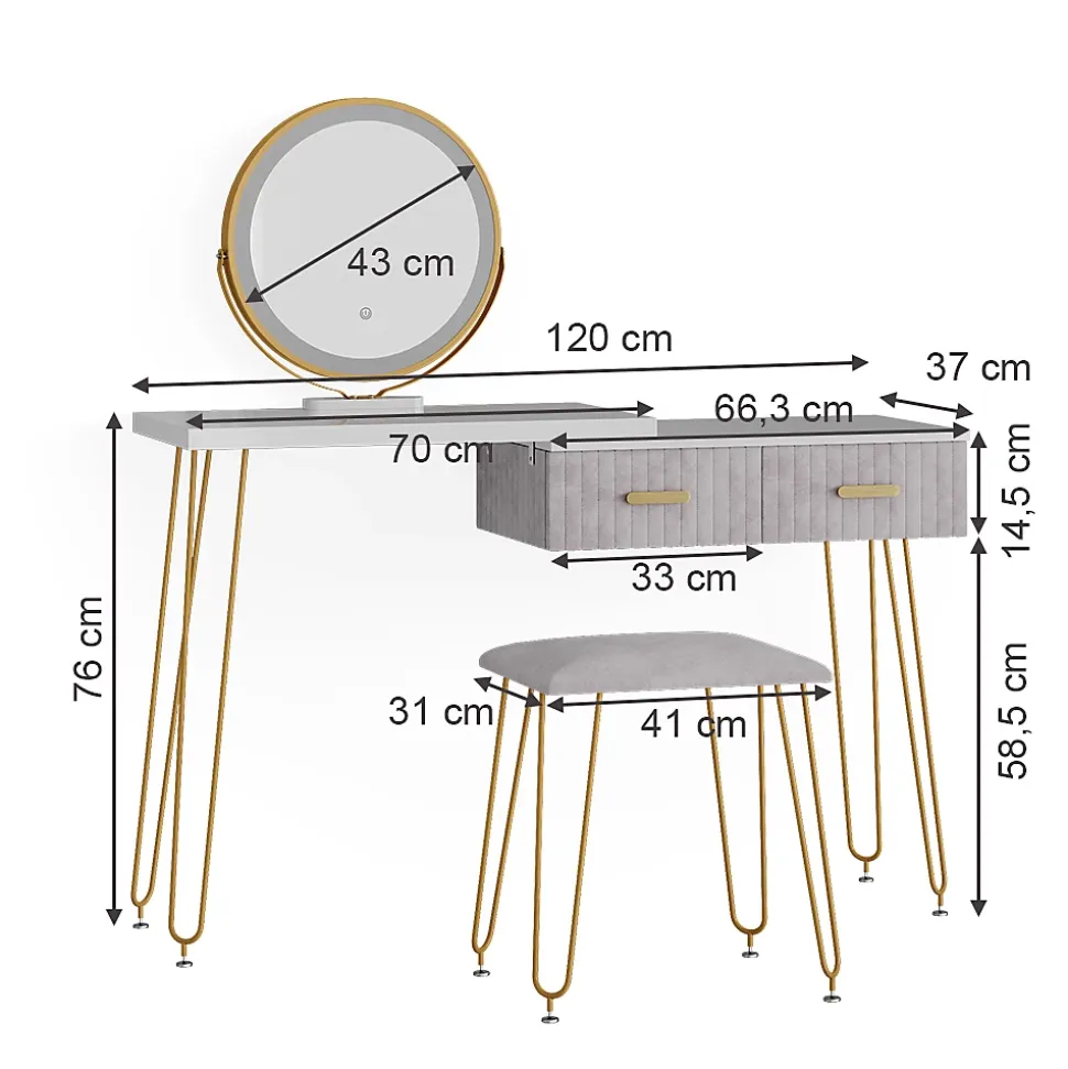 Vicco Coiffeuse Gris 120cm avec éclairage LED et tabouret