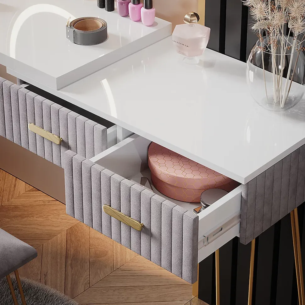 Vicco Coiffeuse Gris 120cm avec éclairage LED et tabouret