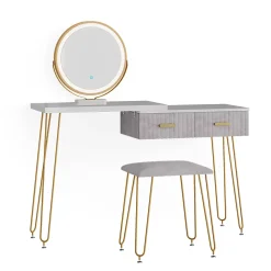 Vicco Coiffeuse Gris 120cm avec éclairage LED et tabouret
