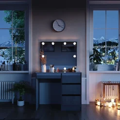 Vicco Coiffeuse Gris 90cm avec éclairage LED et tabouret