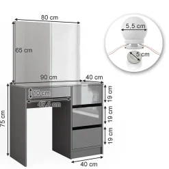 Vicco Coiffeuse Gris 90cm avec éclairage LED et tabouret