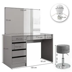 Vicco Coiffeuse Gris 55cm avec éclairage LED et tabouret