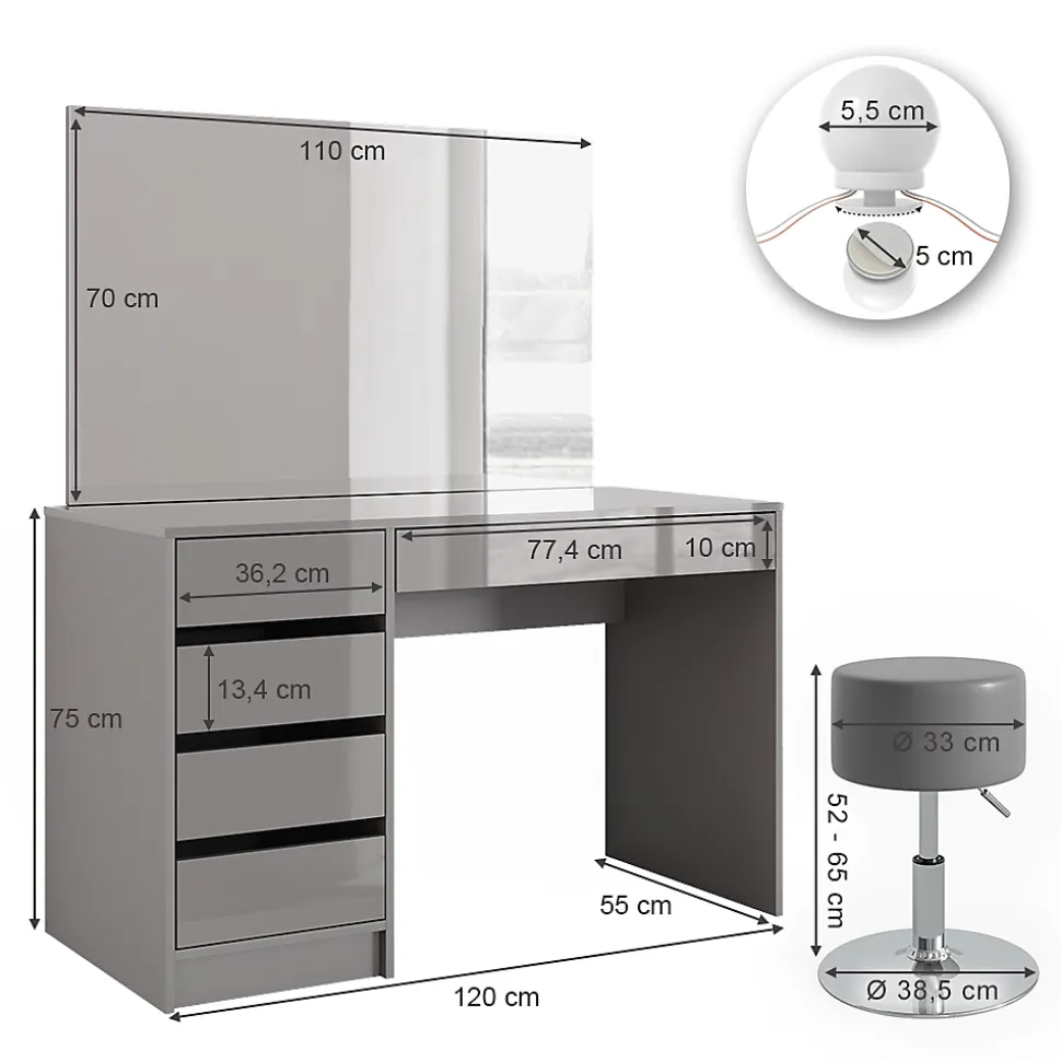 Vicco Coiffeuse Gris 55cm avec éclairage LED et tabouret