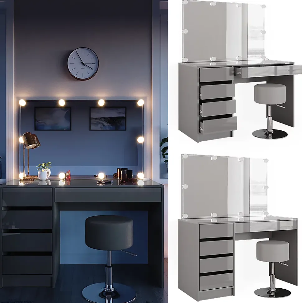 Vicco Coiffeuse Gris 55cm avec éclairage LED et tabouret