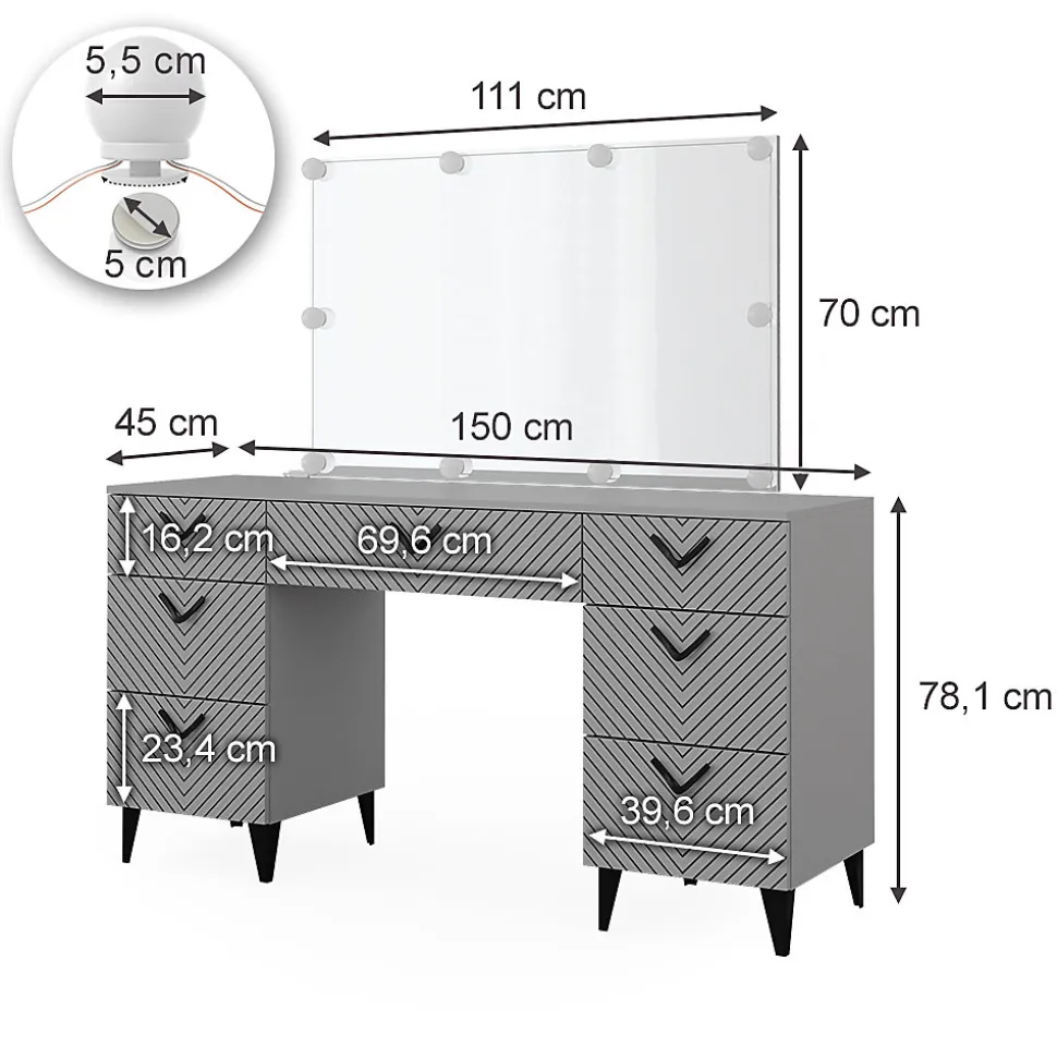 Vicco Coiffeuse Gris 150cm avec éclairage LED