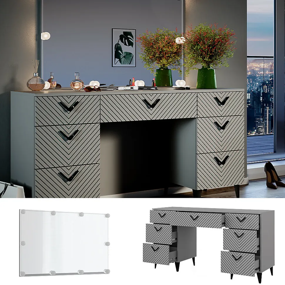 Vicco Coiffeuse Gris 150cm avec éclairage LED