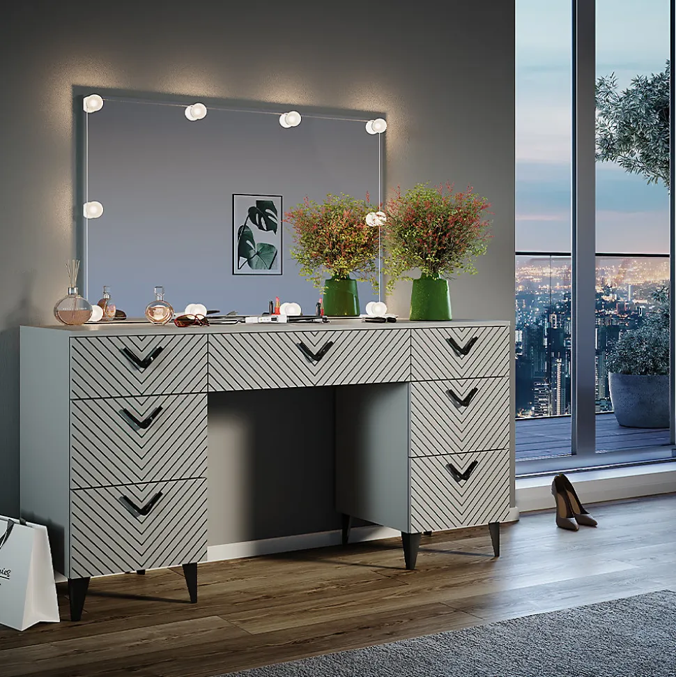 Vicco Coiffeuse Gris 150cm avec éclairage LED