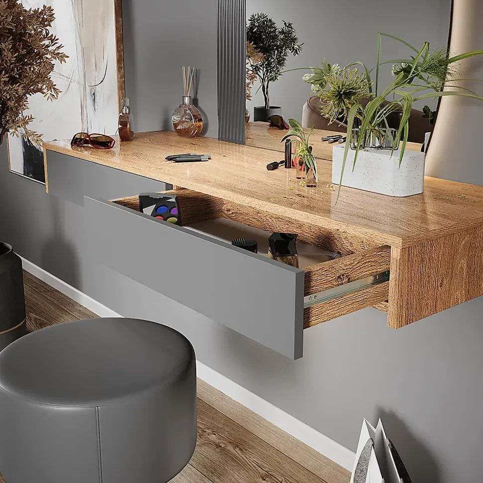 Vicco Coiffeuse Gris 120cm avec éclairage et tabouret