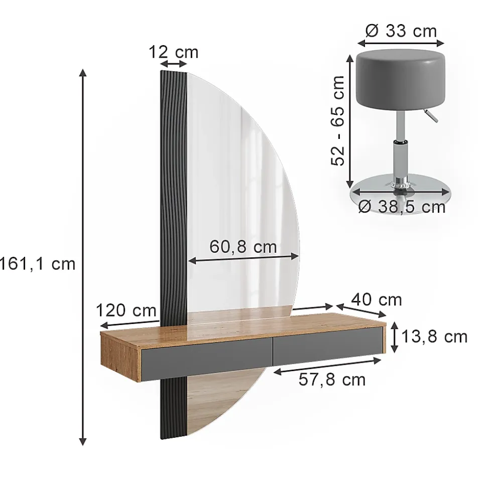 Vicco Coiffeuse Gris 120cm avec éclairage et tabouret