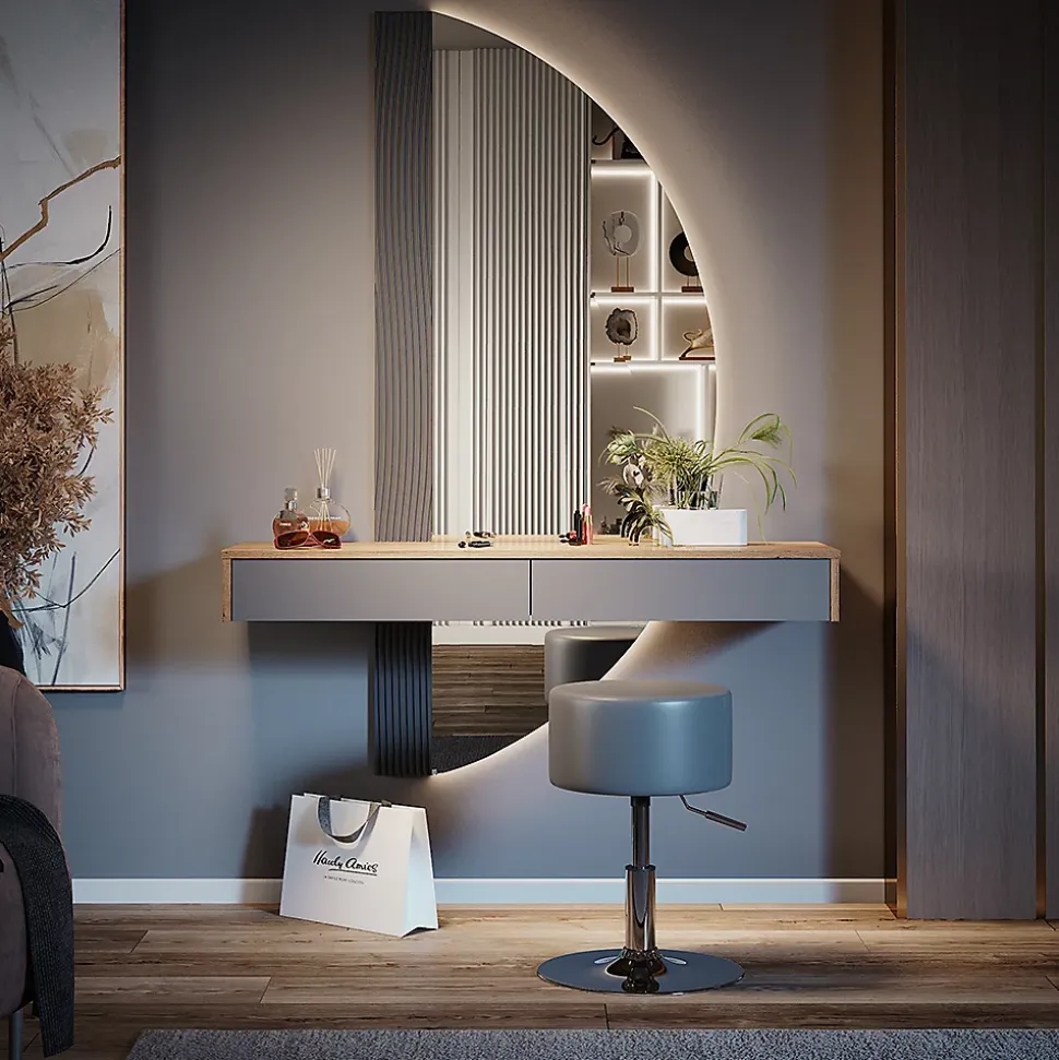 Vicco Coiffeuse Gris 120cm avec éclairage et tabouret