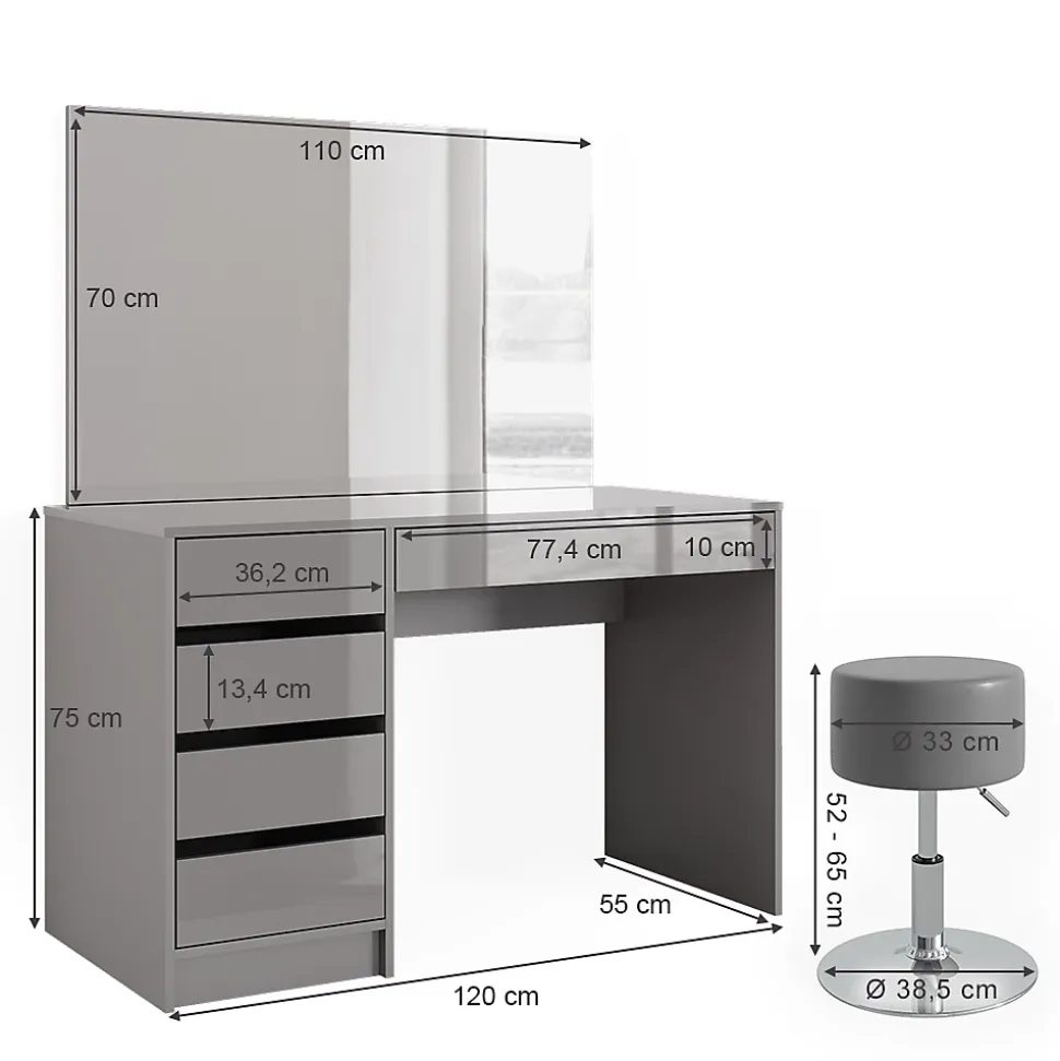 Vicco Coiffeuse Gris 55cm avec tabouret