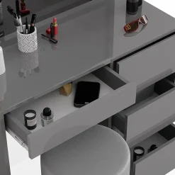 Vicco Coiffeuse Gris 40cm avec miroir LED et tabouret