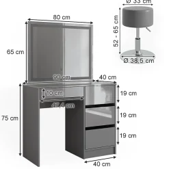Vicco Coiffeuse Gris 40cm avec miroir LED et tabouret